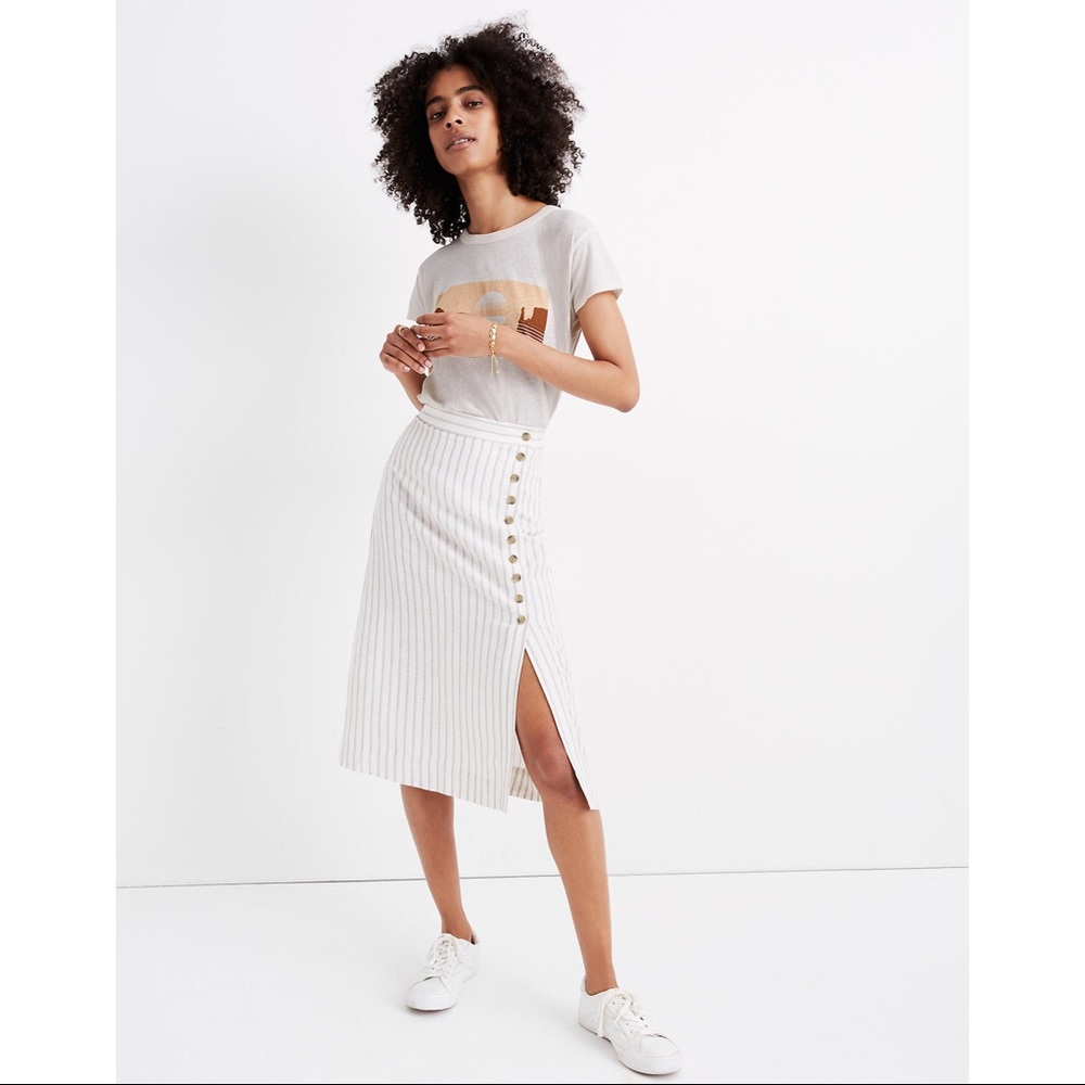 Madewell Side Button White Midi Skirt in Pinstripe